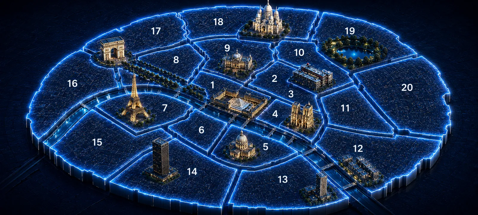 Carte des vingt arrondissements de Paris couverts par Office Dératisation France