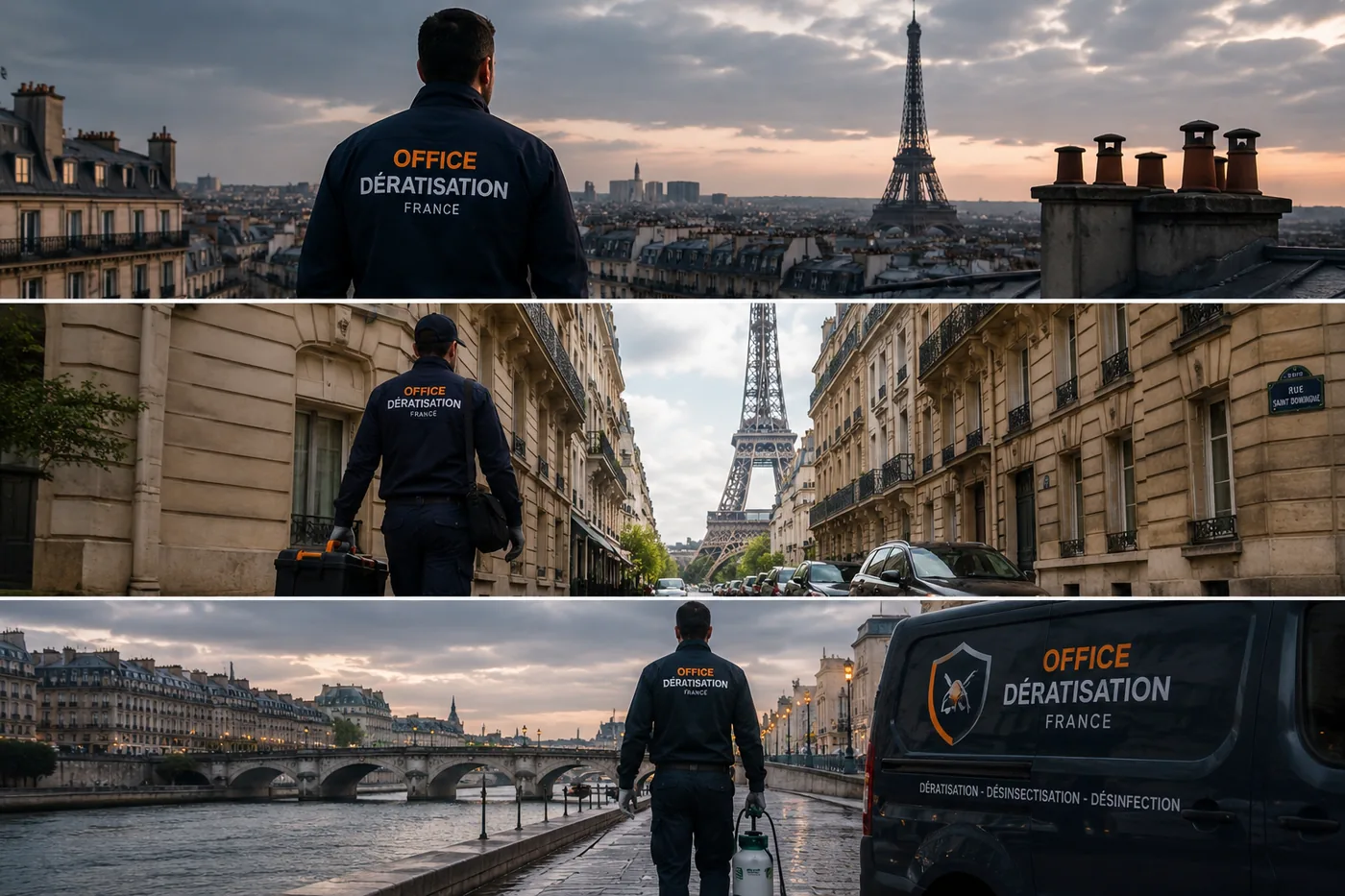 Technicien Office Dératisation France en intervention à Paris — toits haussmanniens, rue Saint-Dominique, quais de Seine