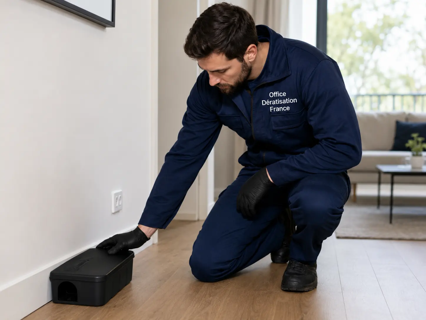 Technicien en tenue Office Dératisation France posant un poste d’appâtage sécurisé le long d’une plinthe