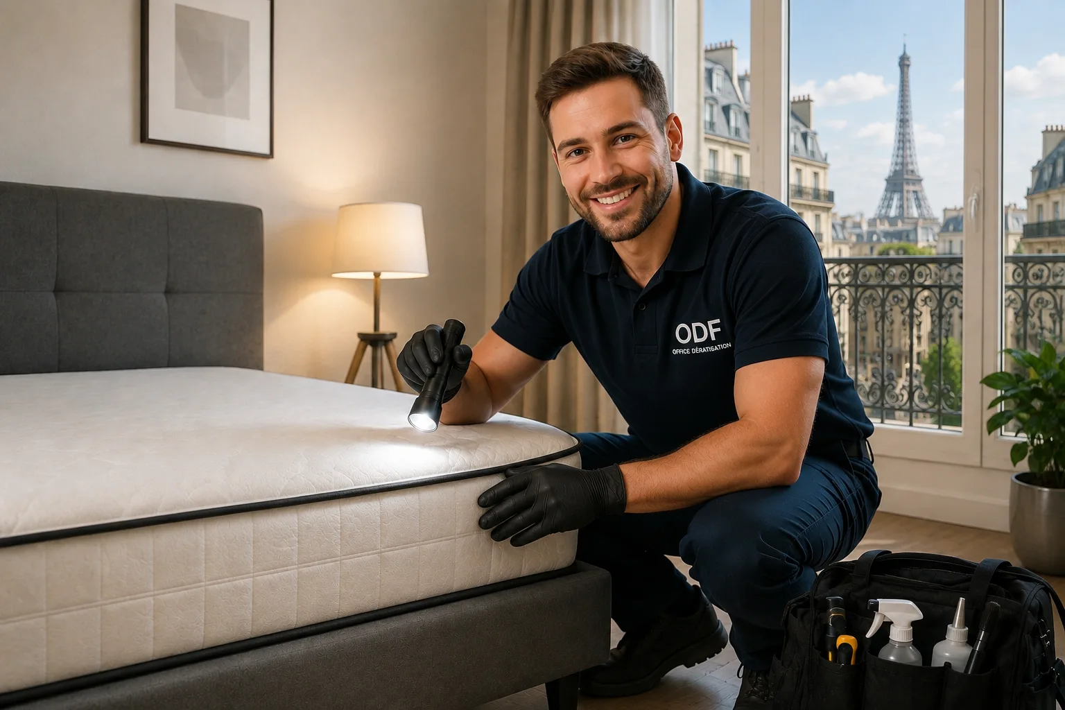 Technicien Office Dératisation France inspectant les coutures d'un matelas à la lampe lors d'un contrôle punaises de lit à Paris