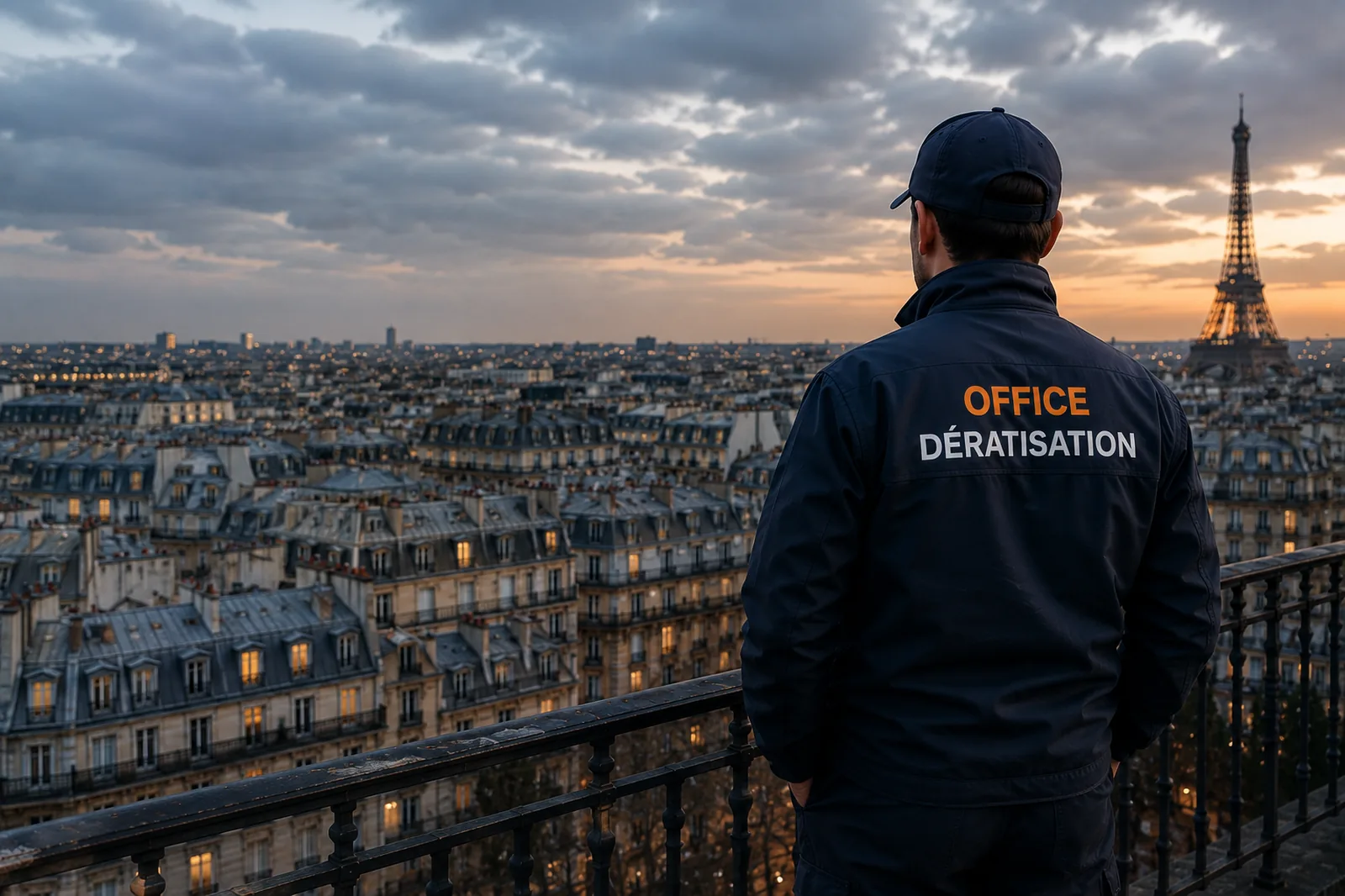 Technicien Office Dératisation France en tenue, face aux toits de Paris au crépuscule