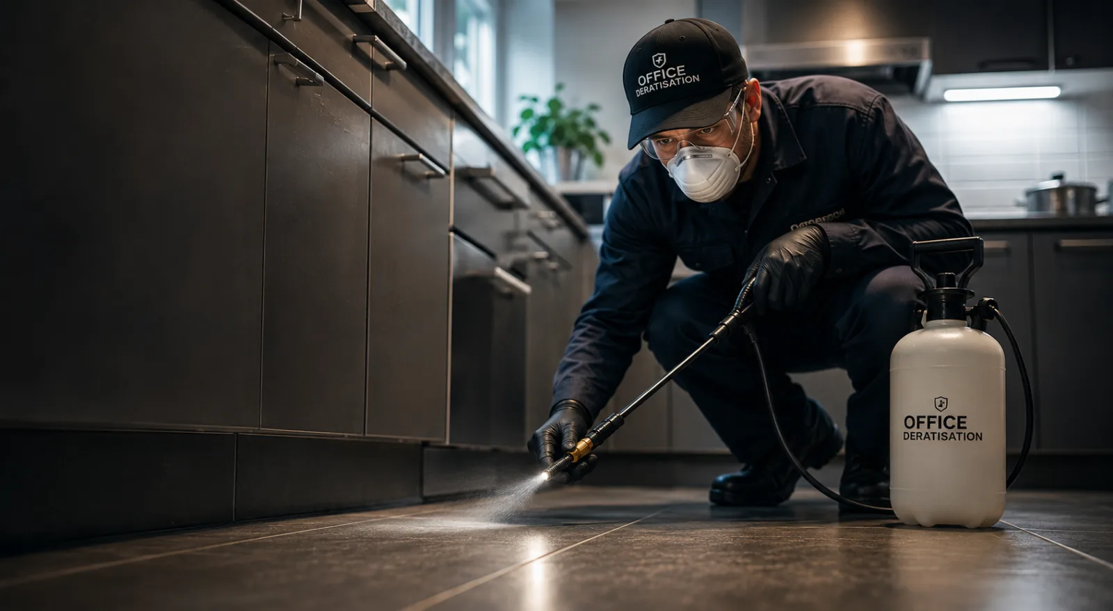 Technicien Office Dératisation France appliquant un insecticide le long des plinthes d'une cuisine à Paris
