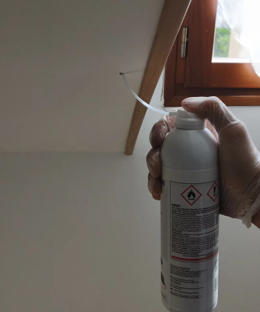 Injection de mousse rodenticide sous un rampant de toiture, traitement des souris dans la structure, Romainville